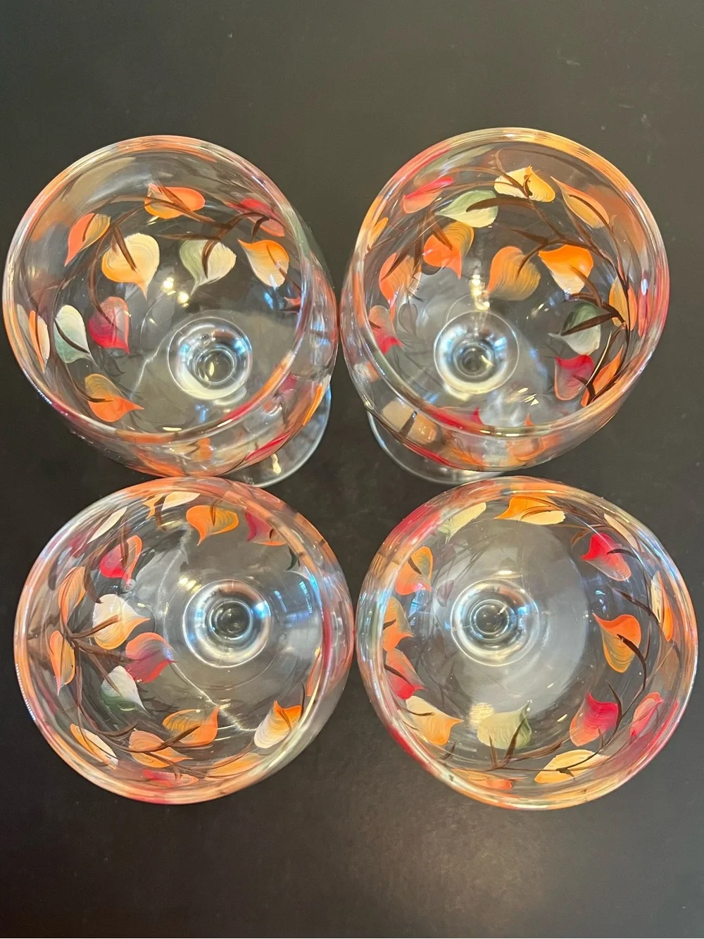 Vintage Hand Painted Autumn Leaves Wine Glasses Goblets Botanical Set of 4